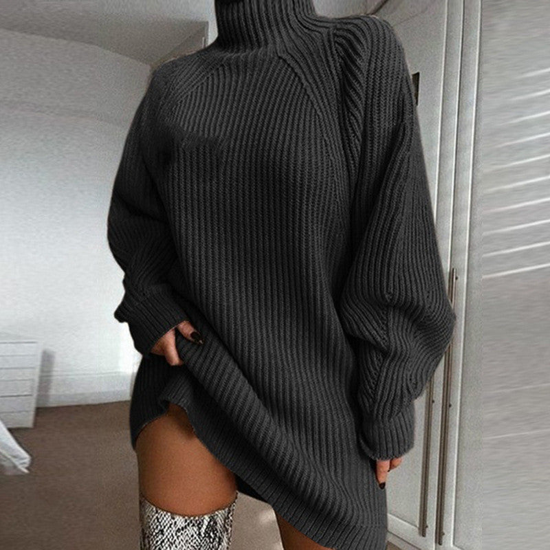 Women's Knitted Mid-Length Raglan Sleeve High Neck Sweater Dress