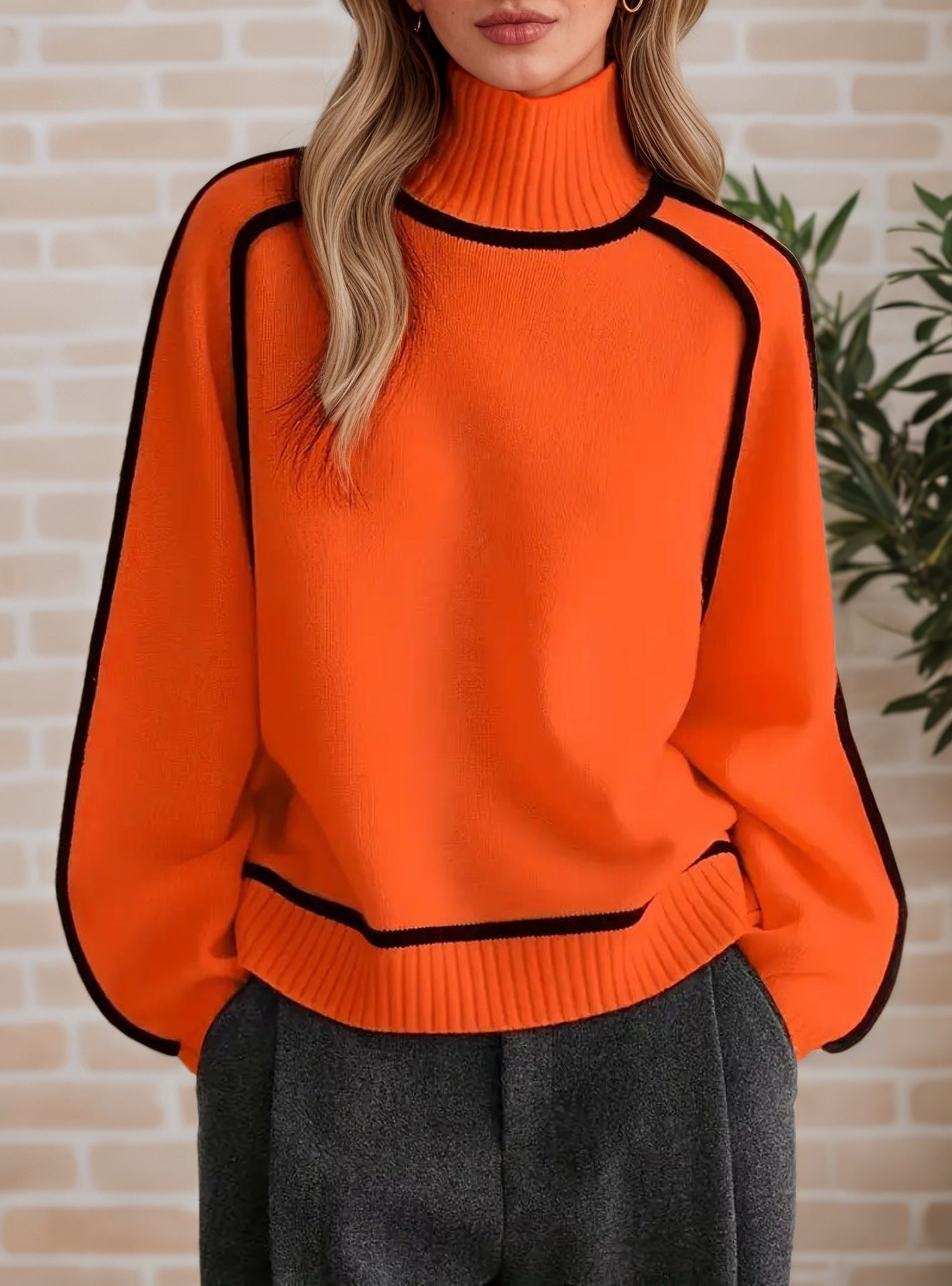 High-neck, 3D striped, slimming, casual, loose-fitting pullover knit sweater