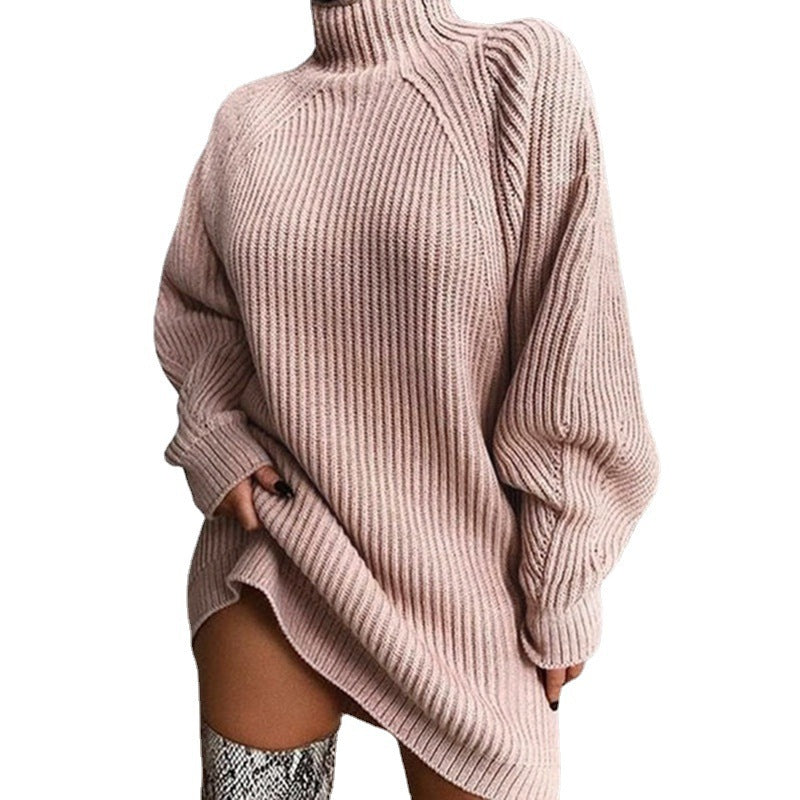 Women's Knitted Mid-Length Raglan Sleeve High Neck Sweater Dress