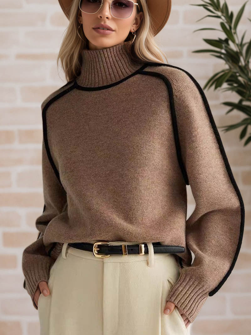 High-neck, 3D striped, slimming, casual, loose-fitting pullover knit sweater