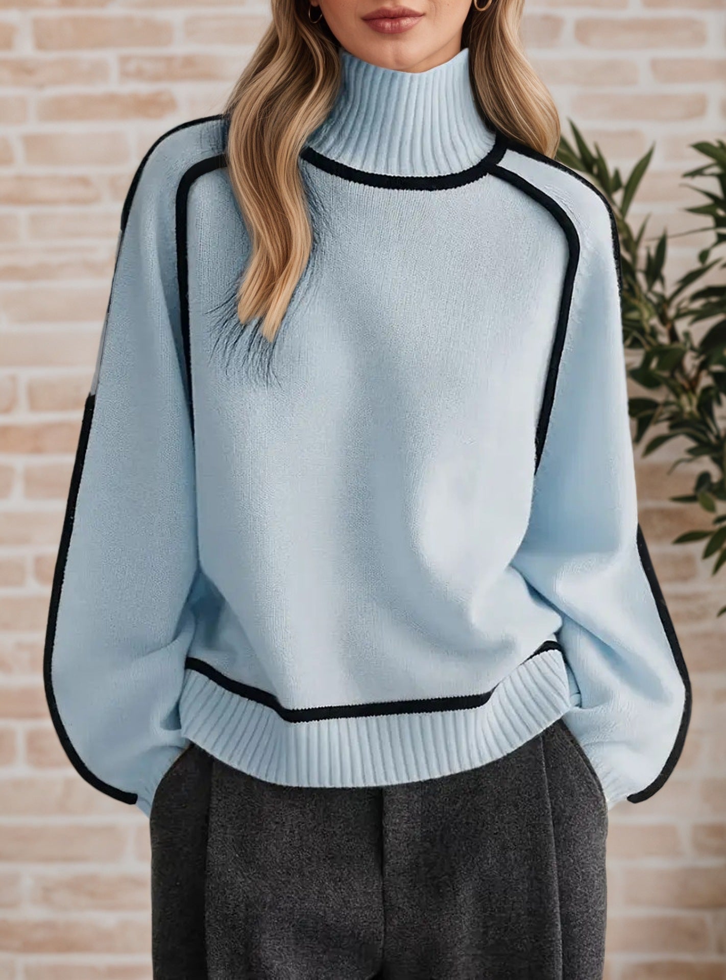 High-neck, 3D striped, slimming, casual, loose-fitting pullover knit sweater
