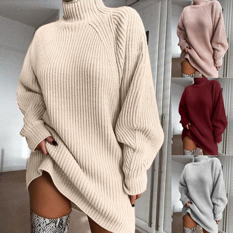 Women's Knitted Mid-Length Raglan Sleeve High Neck Sweater Dress