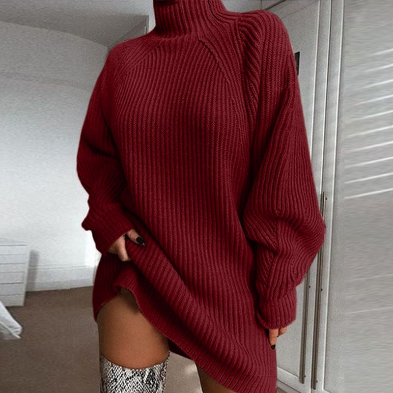 Women's Knitted Mid-Length Raglan Sleeve High Neck Sweater Dress