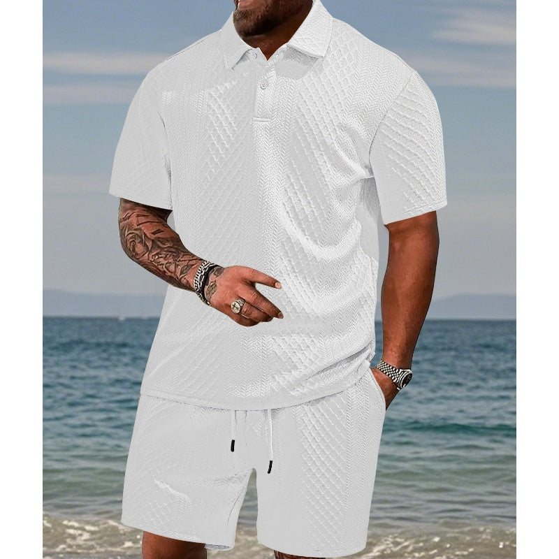 🔥Hot Sale 50% Off💥Men’s Diamond Pattern Turn-Down Collar Short Sleeve Top & Drawstring Shorts 2-Piece Set