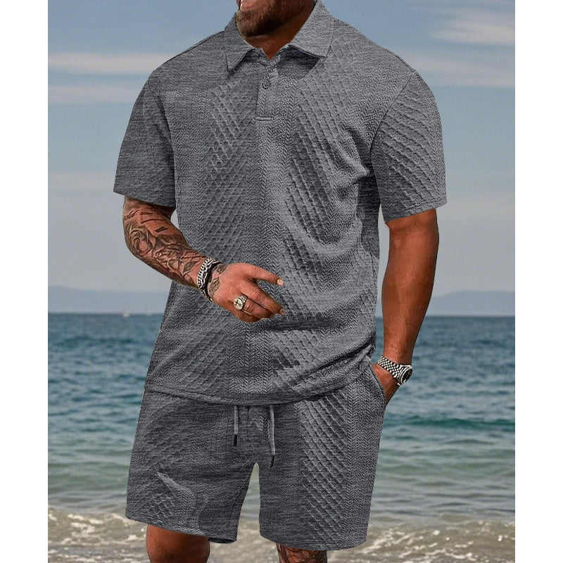 🔥Hot Sale 50% Off💥Men’s Diamond Pattern Turn-Down Collar Short Sleeve Top & Drawstring Shorts 2-Piece Set