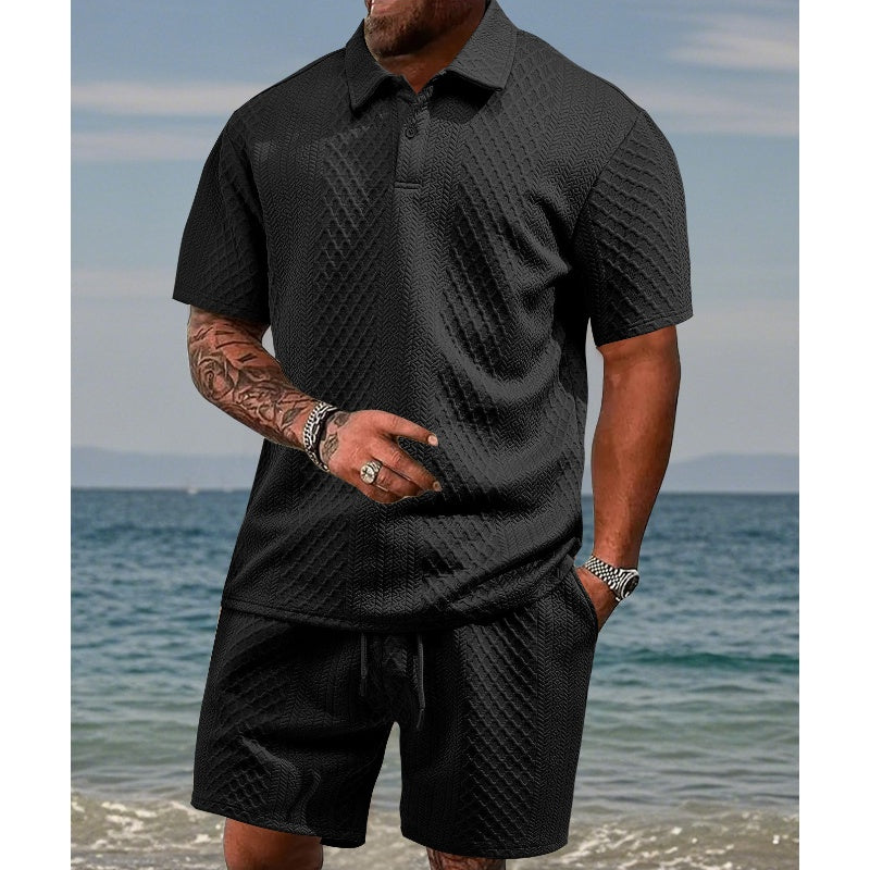 🔥Hot Sale 50% Off💥Men’s Diamond Pattern Turn-Down Collar Short Sleeve Top & Drawstring Shorts 2-Piece Set